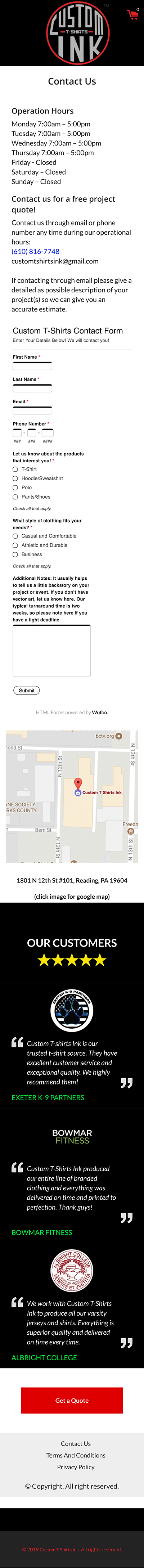 Custom T-Shirts Ink Mobile Contact Page