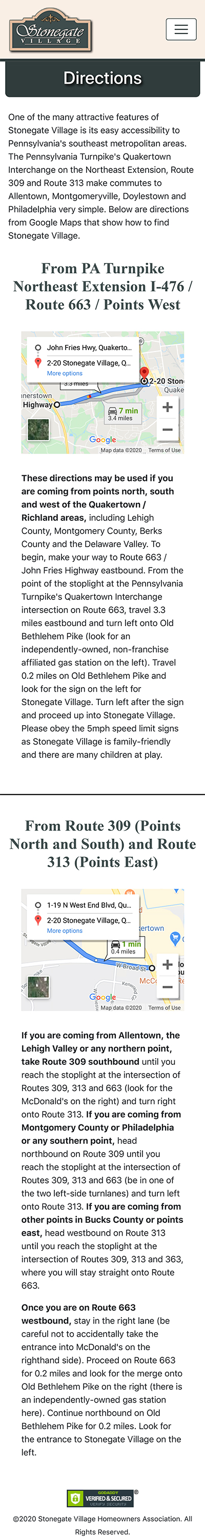 Stonegate Mobile Directions Page